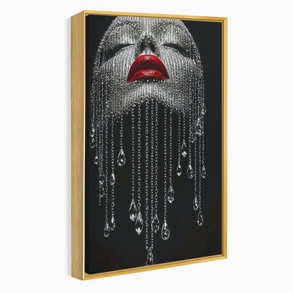 Tablou canvas cu tablou portret femeie cu cristale si buze rosii, in rama de aluminiu auriu